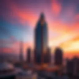 A panoramic view of Al Habtoor Tower against a vibrant sunset