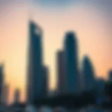 Iconic skyscrapers of Dubai against the evening sky