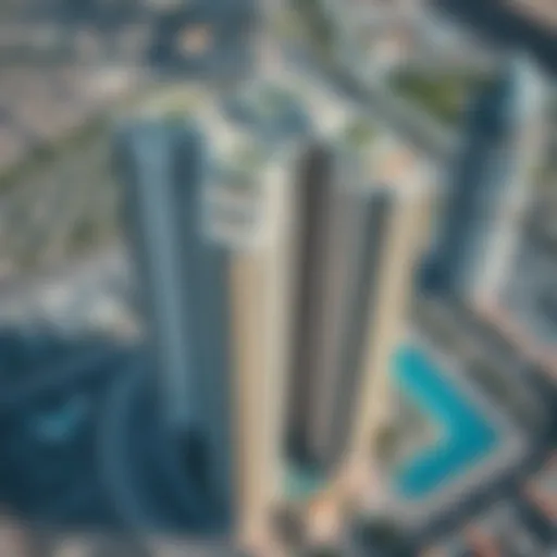 Aerial view of Bloom Towers highlighting its unique architectural design