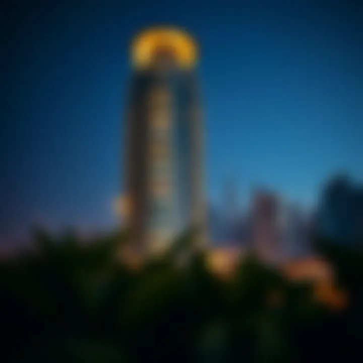 Nighttime skyline view of Brands Creek Tower illuminated