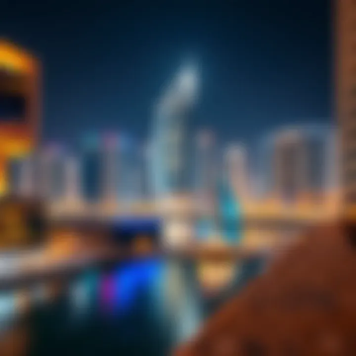 Night view of Business Bay illuminated buildings