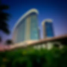 Exterior view of Cayan Business Center showcasing its unique curved architecture