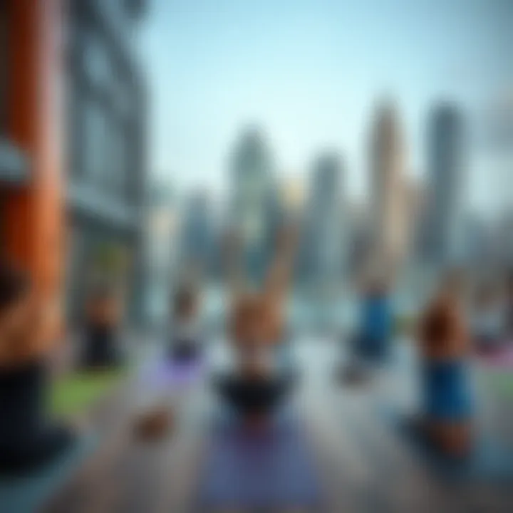 Community yoga session at City Walk Gym with city skyline in background