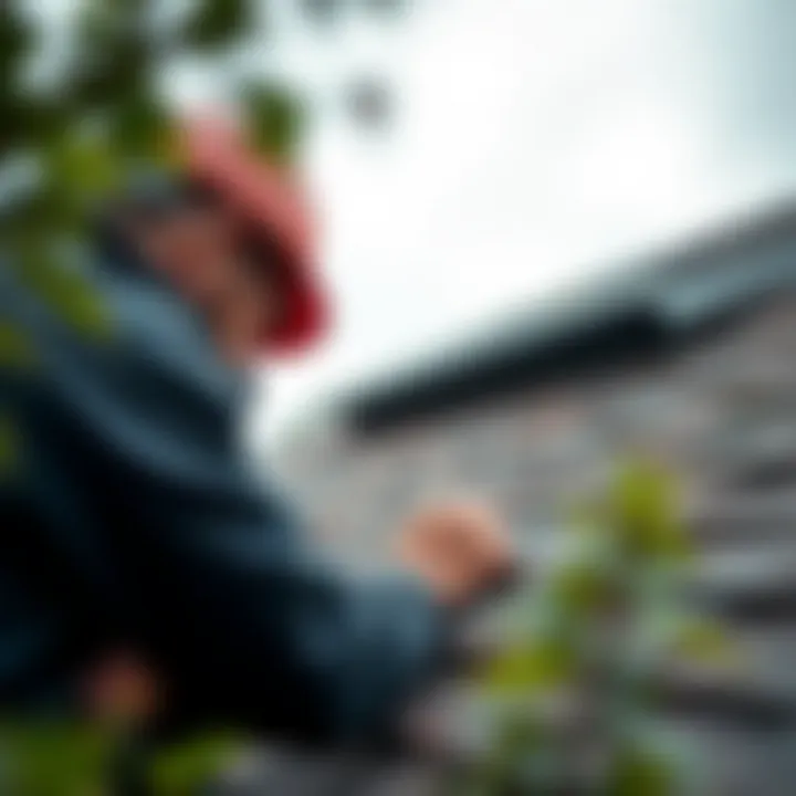A professional inspecting a house roof for potential repairs.