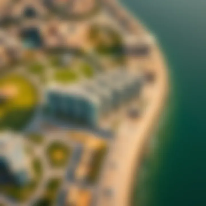 An aerial perspective of Corniche Al Hiraa highlighting the blend of modern structures with natural landscapes.