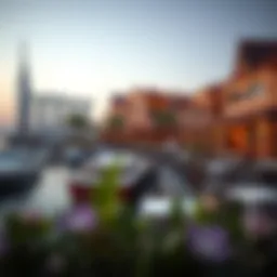 A panoramic view of Dubai Creek Harbor featuring various restaurants along the waterfront.