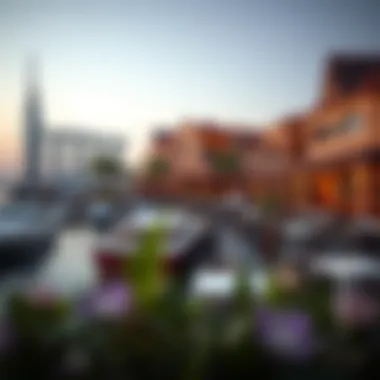 Panoramic View of Dining Venues A panoramic view of Dubai Creek Harbor featuring various restaurants along the waterfront.