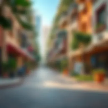 Vibrant neighborhood street in Dubai with amenities