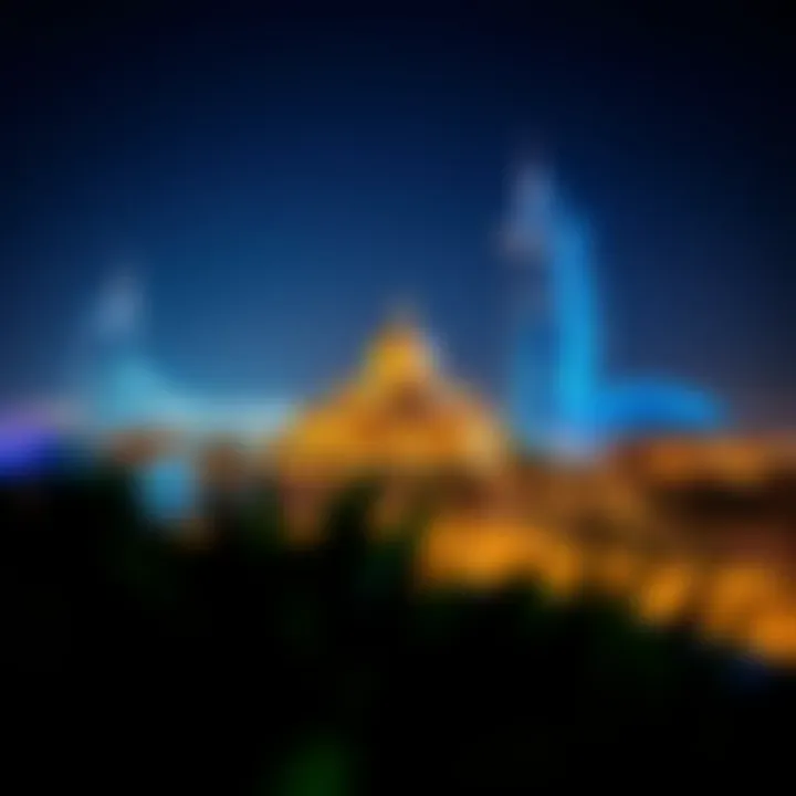 Night view of Blue Water Island's iconic attractions illuminated