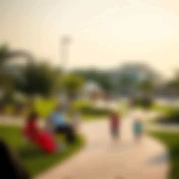 Community park in الريم هيلز with families enjoying outdoor activities