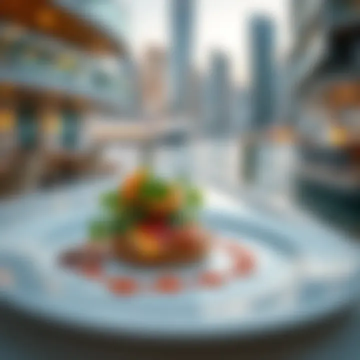 A gourmet dish served on a boat restaurant, showcasing the culinary artistry of Dubai's dining scene.