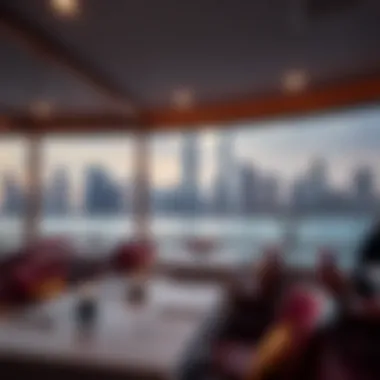 A panoramic view of Dubai's skyline from a boat restaurant, illustrating the unique dining experience amidst the city's architecture.