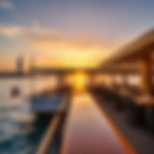 A scenic view of a boat restaurant in Dubai at sunset, highlighting its elegant design and surroundings.