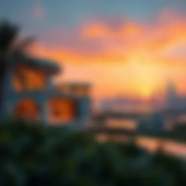 Bvlgari Villa set against Dubai's skyline at sunset