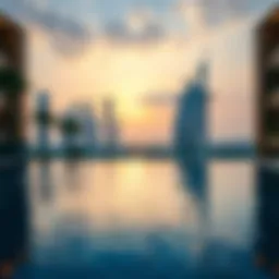 Luxury hotel swimming pool with city skyline view