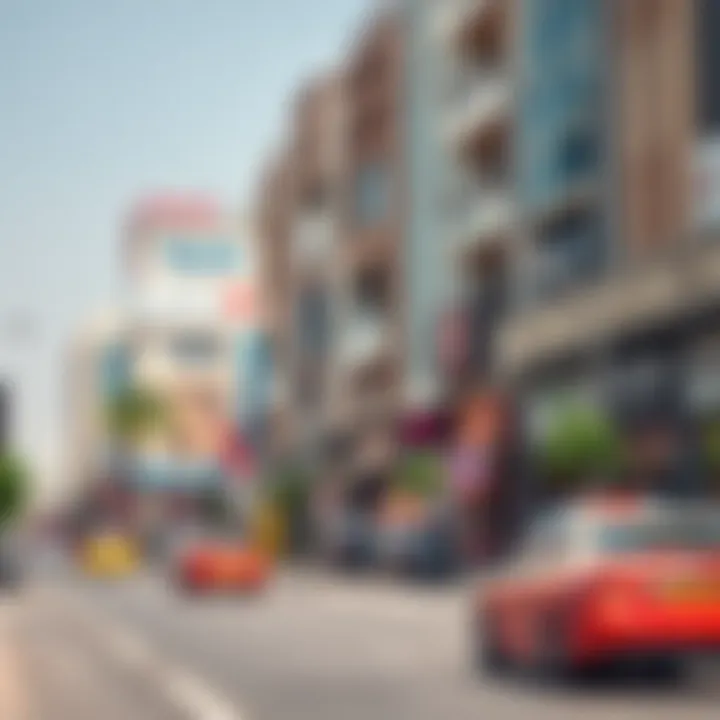 A bustling commercial district in Dubai with various businesses
