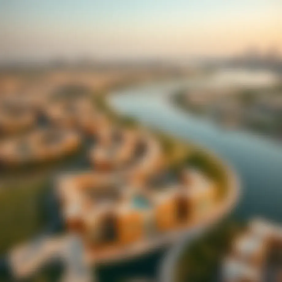 An aerial view of Dubai Riverland showcasing its vibrant landscapes and architectural design