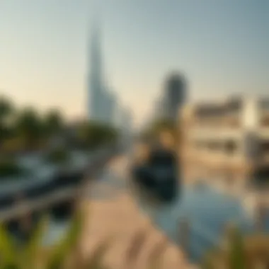 Waterfront Serenity at Dubai Riverland A serene waterfront scene at Dubai Riverland with lush greenery and recreational areas