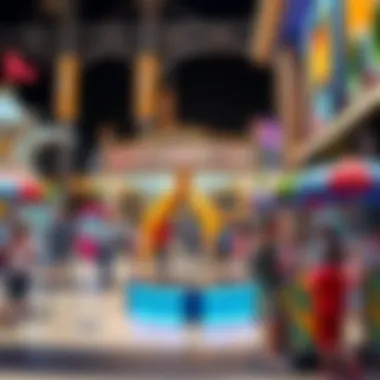 A lively entertainment area with families enjoying various activities