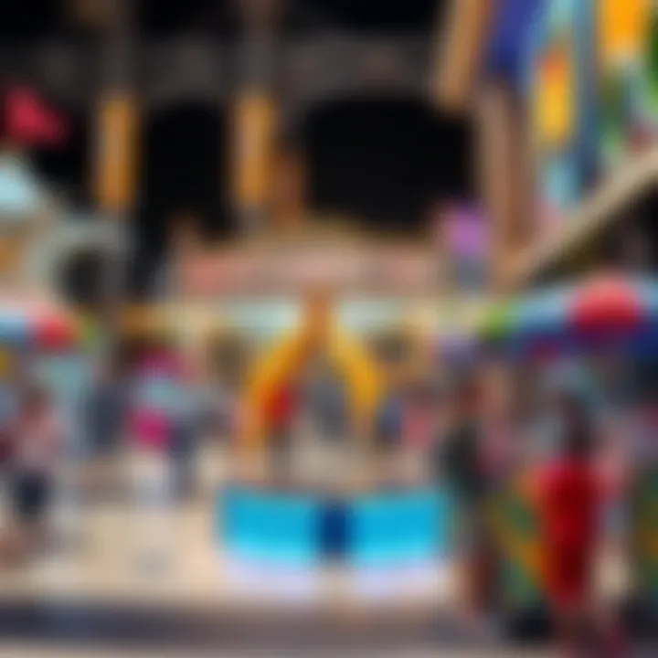 A lively entertainment area with families enjoying various activities