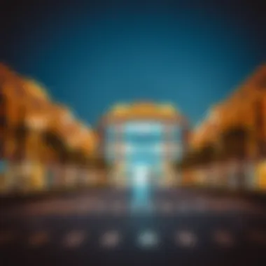 An evening view of the center illuminated, reflecting its cultural significance