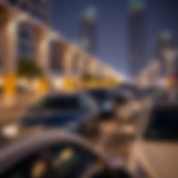 Cars parked in designated free parking areas in Dubai Marina.