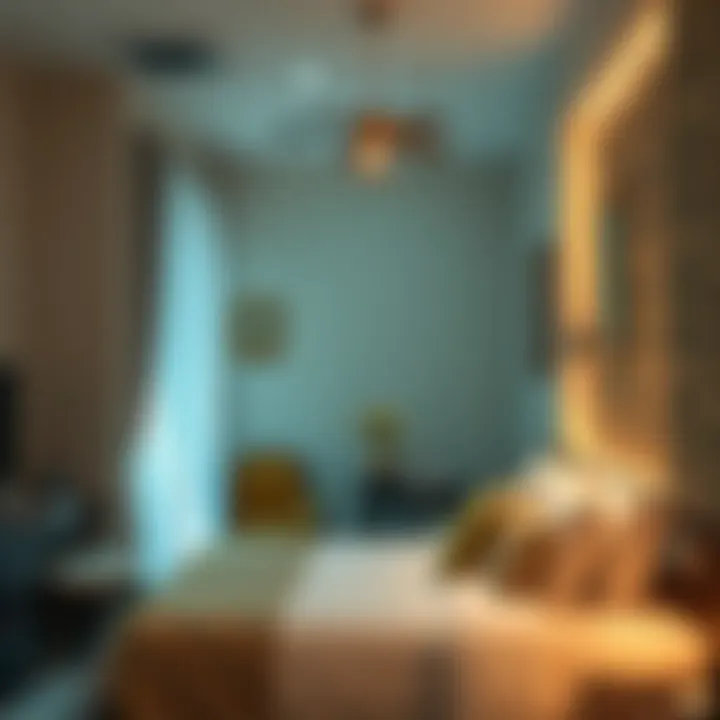 A cozy hotel room with unique decor and amenities in Qusais