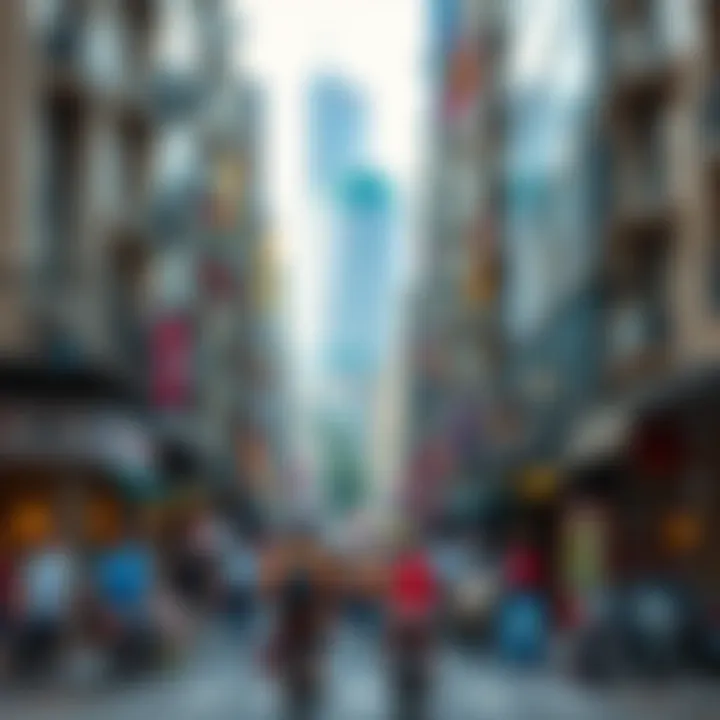 A bustling urban street showcasing cultural diversity and vibrant life