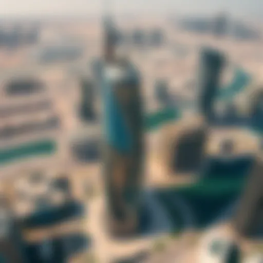Aerial view showcasing Mizin Tower's stunning architecture amidst Dubai's skyline