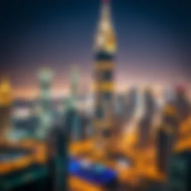A nighttime view of Mizin Tower illuminated against the Dubai skyline