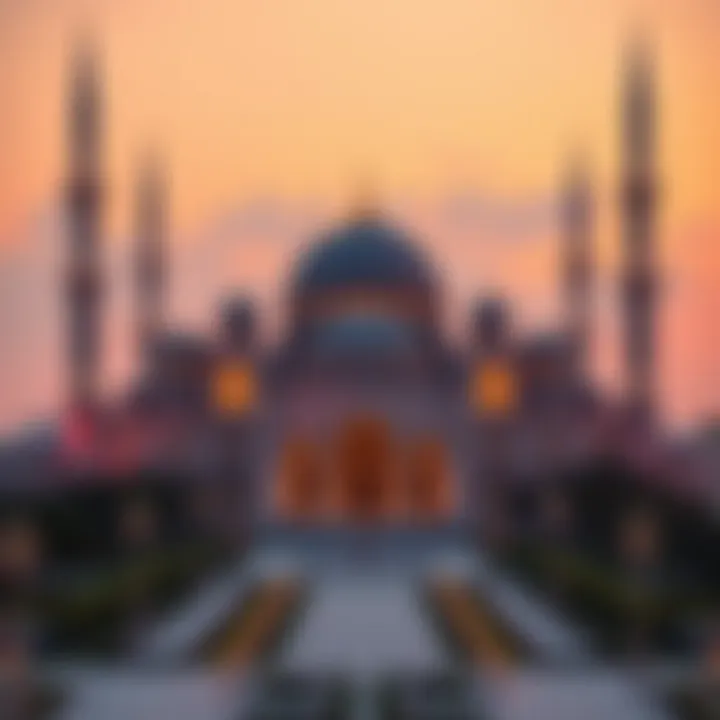 Panoramic View of a Mosque at Sunset A panoramic view showcasing a mosque at sunset