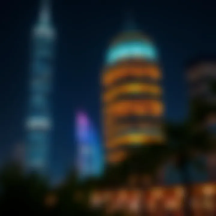 Nopoli Tower illuminated at night, highlighting its unique design