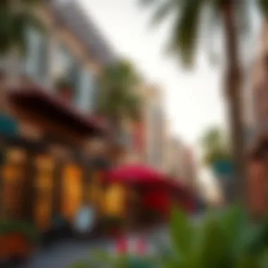 Vibrant neighborhood in Dubai with bustling cafes and shops