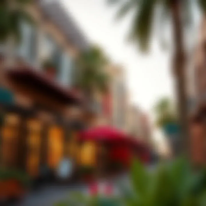 Vibrant neighborhood in Dubai with bustling cafes and shops