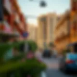 A vibrant street view showcasing residential buildings in Karama, Dubai.