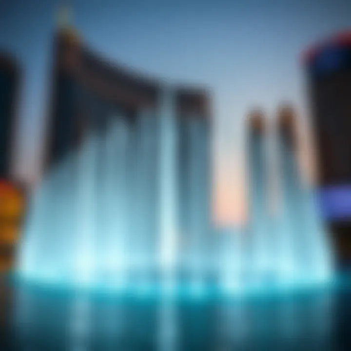The Dubai Fountain performing in front of the skyline