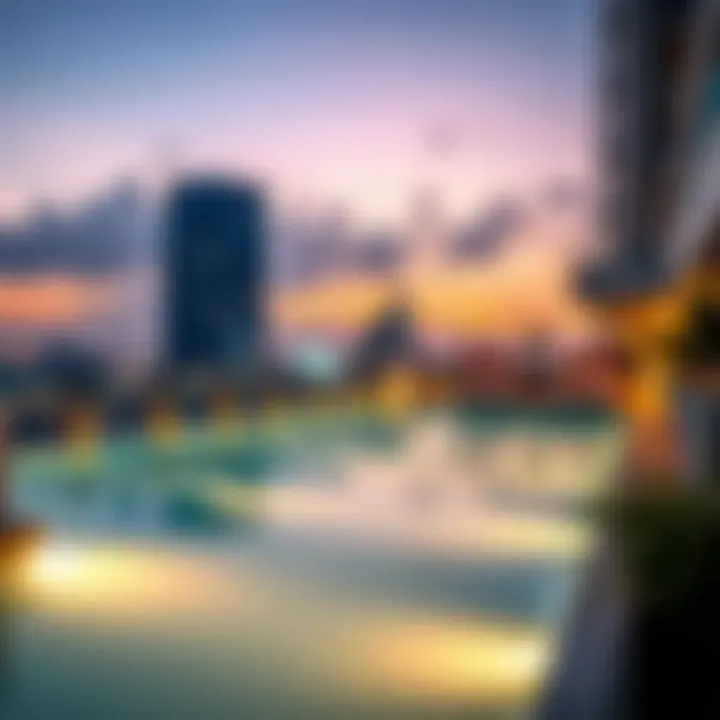 Evening atmosphere at the Aura Sky Pool with illuminated surroundings