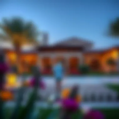 Stunning Outdoor Landscapes of UAE Farmhouses Beautifully landscaped outdoor space with a farmhouse in the background