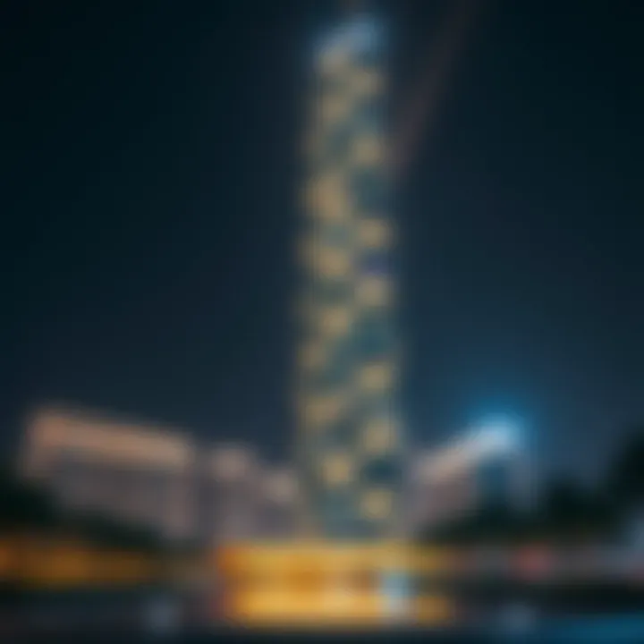 Cascade Tower at Night Night view of Cascade Tower illuminated, symbolizing Dubai's modern architecture