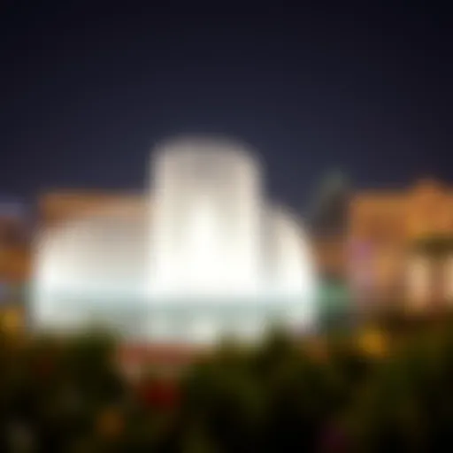 Panoramic view of the Dubai Fountain illuminated at night