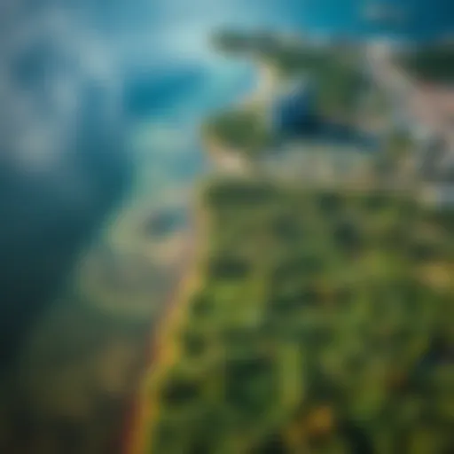 Aerial view of mangrove forests adjacent to urban development