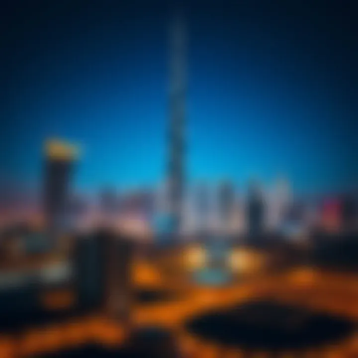 Night view of the Millennium Tower illuminated against the Dubai skyline