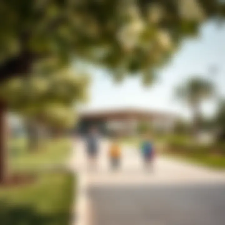 A serene park in Tilal Al Ghaf with families enjoying leisurely activities