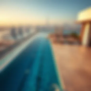 Rooftop pool area with panoramic views of Dubai skyline
