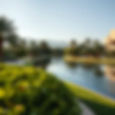 Lush green parks and pathways surrounding Lake Al Majaz
