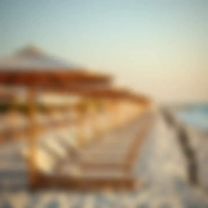 Beach Amenities at Le Mer A close-up of beach amenities highlighting sun loungers and umbrellas along the shoreline