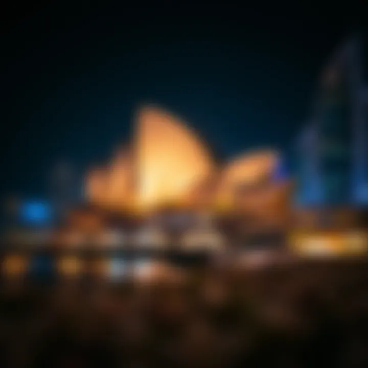 A vibrant night scene showcasing the Dubai Opera illuminated