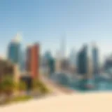 A panoramic view of Dubai's skyline featuring iconic buildings