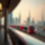 Panoramic view of the Dubai skyline with the Red Line train