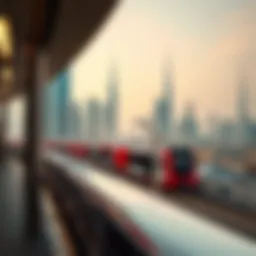Panoramic view of the Dubai skyline with the Red Line train